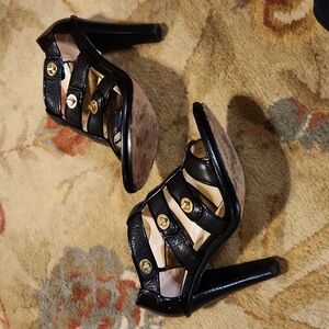 COACH Tamarah Black Leather Turn Lock Stacked Heels Women's Sandals Sz 8